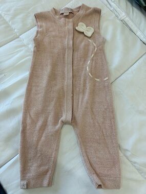 Barefoot Dreams Blush Pink Terry Baby Romper with Cream Bow